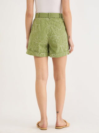 Elle Women Green Relaxed Fit Embroidered Shorts