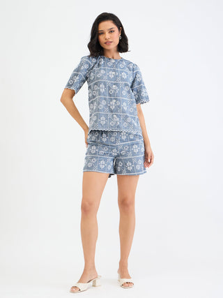 Elle Women Blue Relaxed Fit Embroidered Shorts