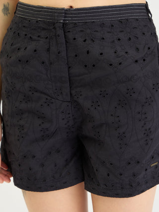 Elle Women Black Relaxed Fit Schiffli Shorts