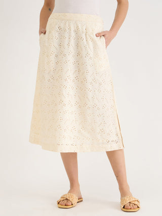 Elle Women WHITE Fit & Flare Schiffli Skirt