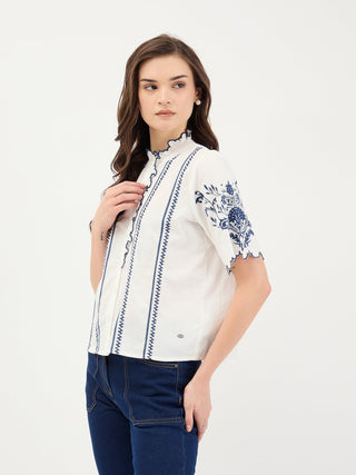 Elle Women White Embroidered Round Neck Top