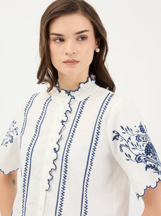 Elle Women White Embroidered Round Neck Top