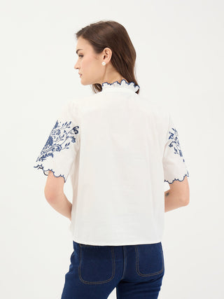 Elle Women White Embroidered Round Neck Top