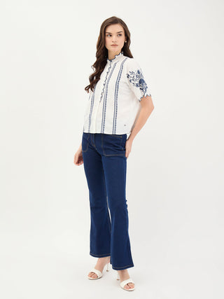 Elle Women White Embroidered Round Neck Top