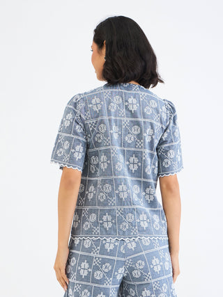 Elle Women Blue Embroidered Round Neck Top