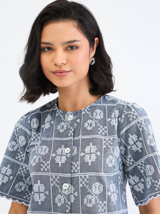 Elle Women Blue Embroidered Round Neck Top
