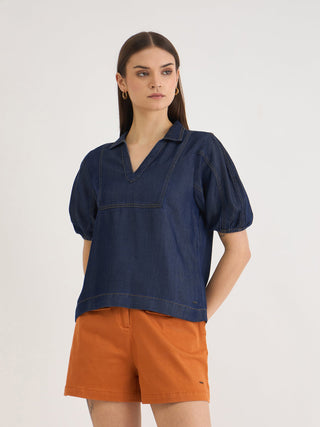 Elle Women Blue Denim V Neck Top