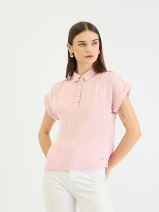 Elle Women Pink Check Collar Top