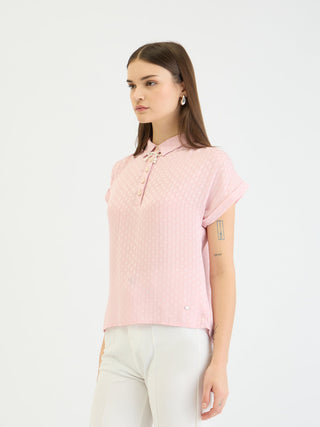 Elle Women Pink Check Collar Top