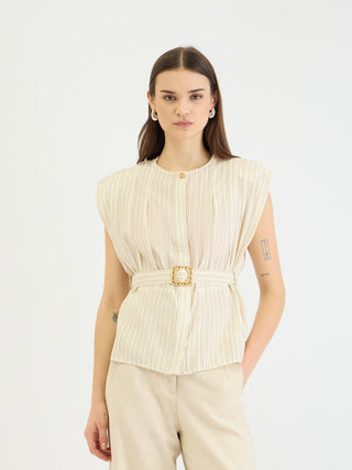Elle Women Beige Striped Round Neck Top