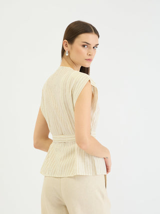 Elle Women Beige Striped Round Neck Top