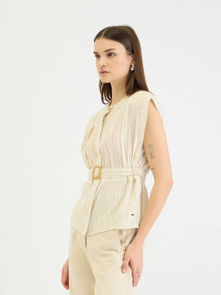 Elle Women Beige Striped Round Neck Top