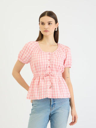 Elle Women Pink Check Round Neck Top