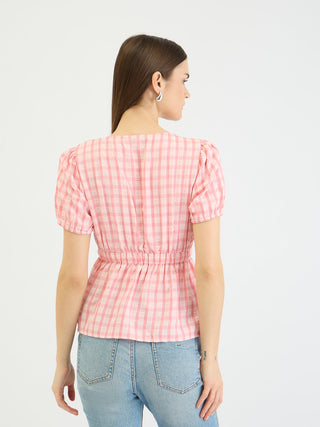 Elle Women Pink Check Round Neck Top