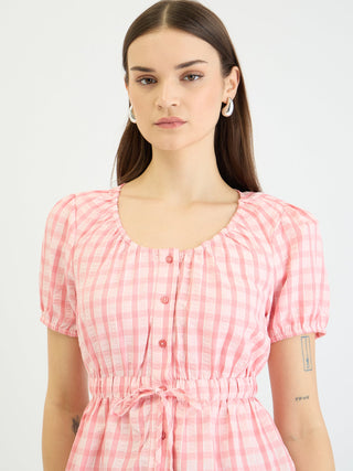 Elle Women Pink Check Round Neck Top