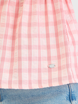 Elle Women Pink Check Round Neck Top