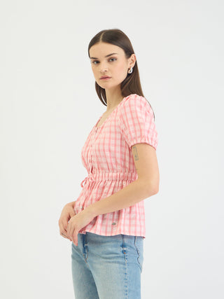 Elle Women Pink Check Round Neck Top