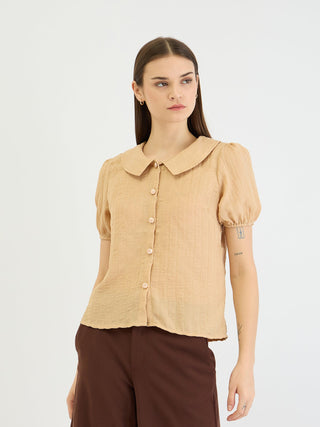 Elle Women Beige Textured Collar Top