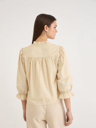 Elle Women Beige Striped V Neck Shirt