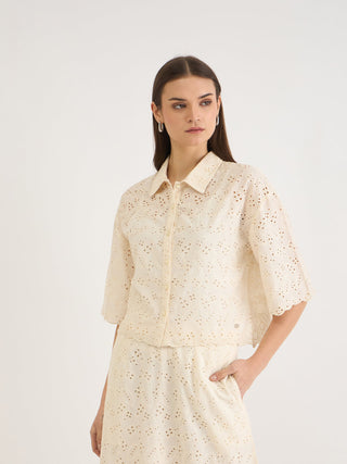 Elle Women White Schiffli Collar Top