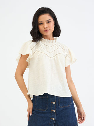 Elle Women White Textured Round Neck Top
