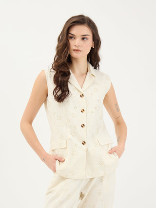 Elle Women White Schiffli Notch Collar Top
