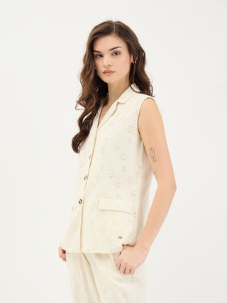 Elle Women White Schiffli Notch Collar Top