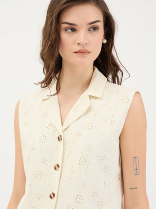 Elle Women White Schiffli Notch Collar Top