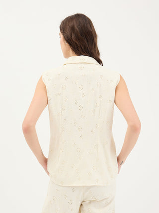 Elle Women White Schiffli Notch Collar Top