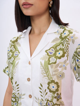 Elle Women White Printed Notched Lapel Top