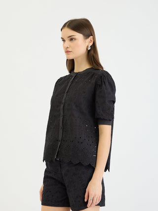 Elle Women Black Schiffli Round Neck Top