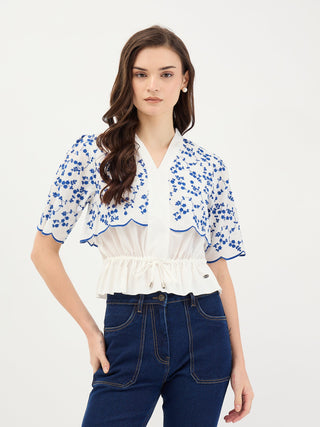Elle Women White Embroidered V Neck Top