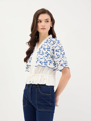 Elle Women White Embroidered V Neck Top