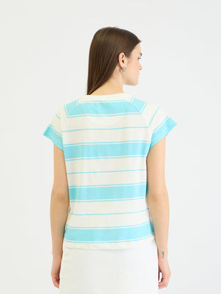 Elle Women Blue Striped Crew Neck Tshirt