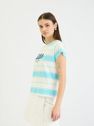 Elle Women Blue Striped Crew Neck Tshirt