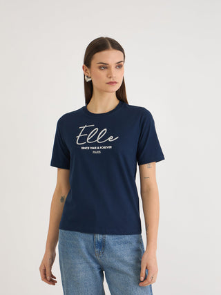 Elle Women Blue Solid Crew Neck Tshirt