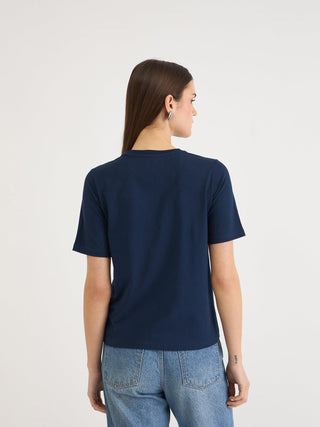Elle Women Blue Solid Crew Neck Tshirt