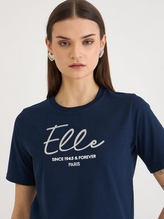 Elle Women Blue Solid Crew Neck Tshirt