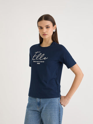 Elle Women Blue Solid Crew Neck Tshirt