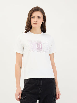 Elle Women White Solid Round Neck TShirt