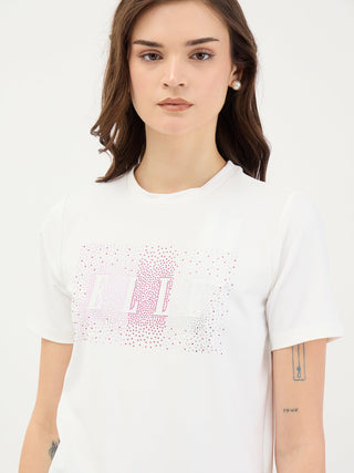 Elle Women White Solid Round Neck TShirt