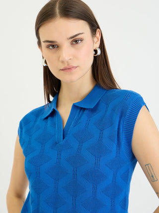 Elle Women Blue Knitted Polo Tshirt