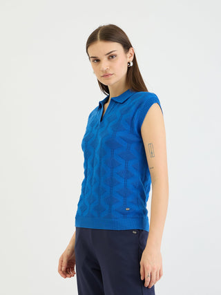 Elle Women Blue Knitted Polo Tshirt