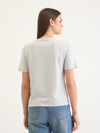 Elle Women Grey Solid Crew Neck TShirt