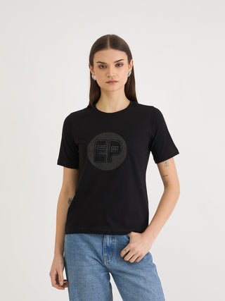 Elle Women Black Printed Round Neck Tshirt