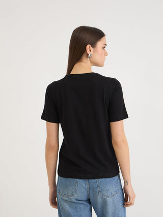 Elle Women Black Printed Round Neck Tshirt