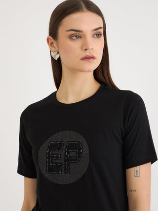 Elle Women Black Printed Round Neck Tshirt