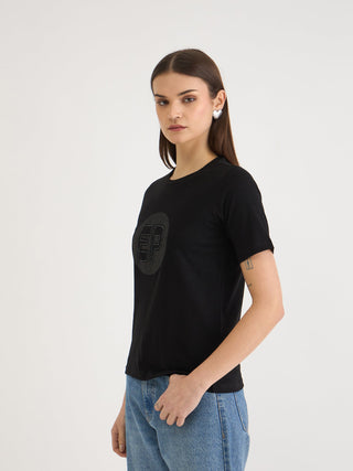 Elle Women Black Printed Round Neck Tshirt