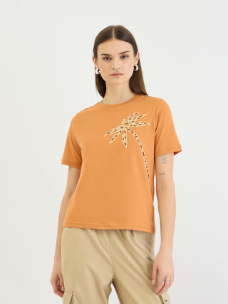 Elle Women Brown Solid Crew Neck Tshirt