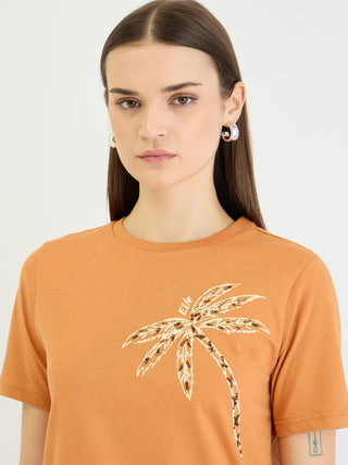 Elle Women Brown Solid Crew Neck Tshirt
